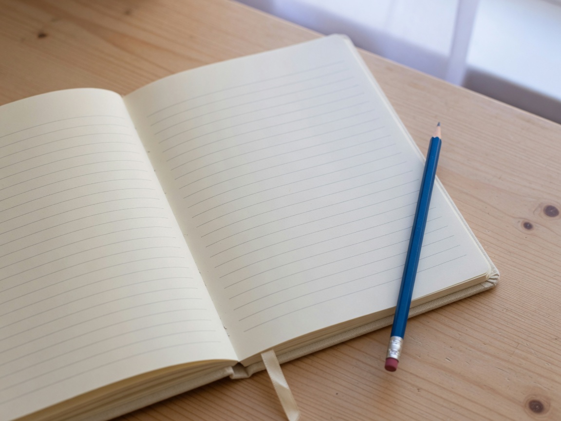 Open notebook and pencil on a wooden desk